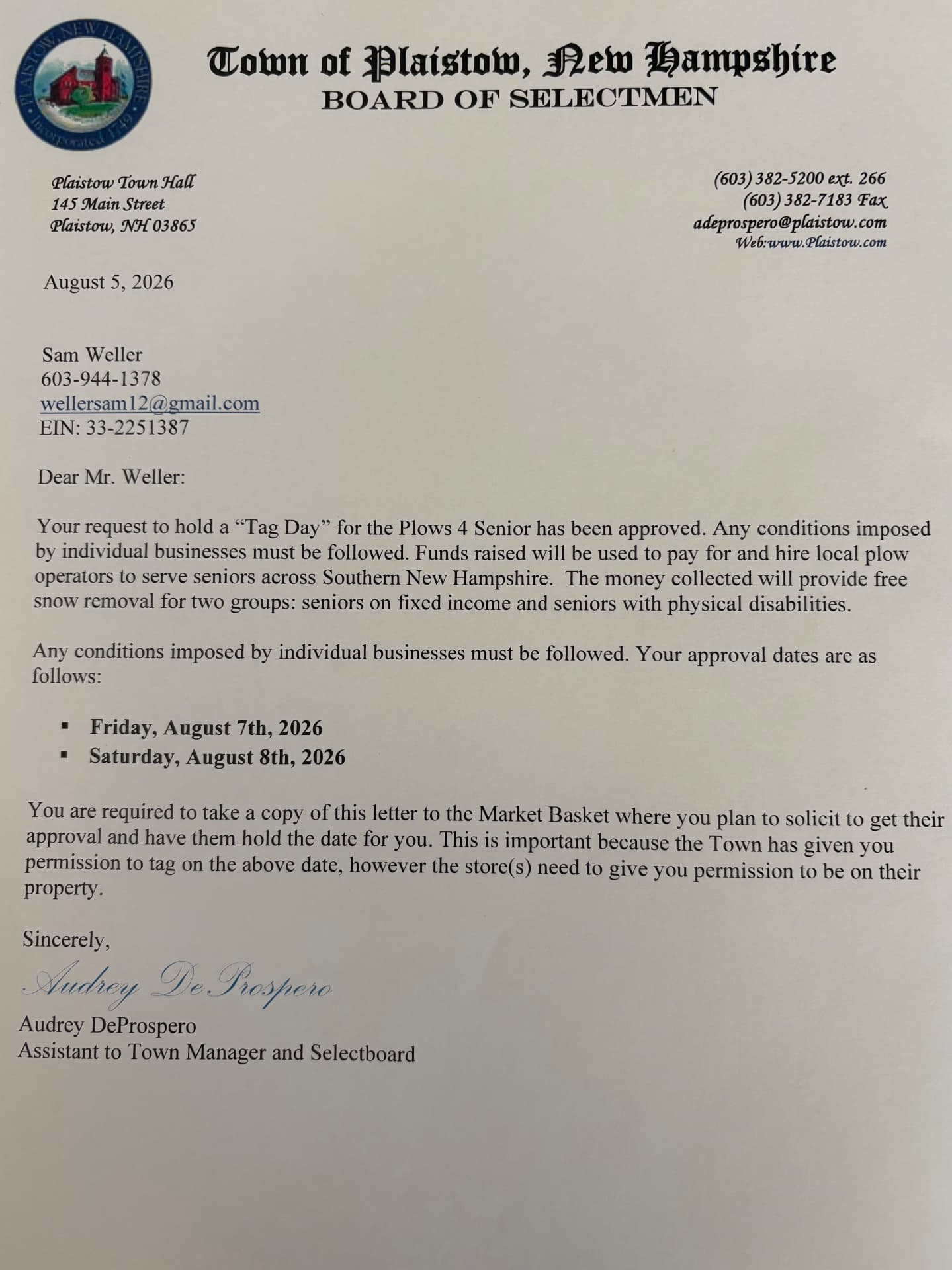 Town of Plaistow Board of Selectmen letter approving a Tag Day fundraiser for Plows4Seniors